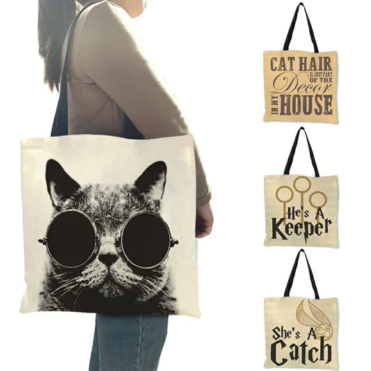 Cat Theme Linen Reusable Tote/Shopping Bag